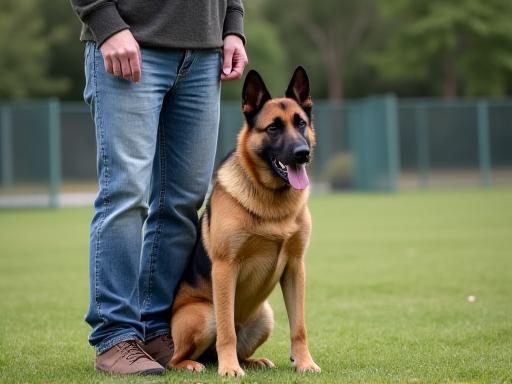 A medium-sized dog sits patiently beside its owner during a basic obedience class.