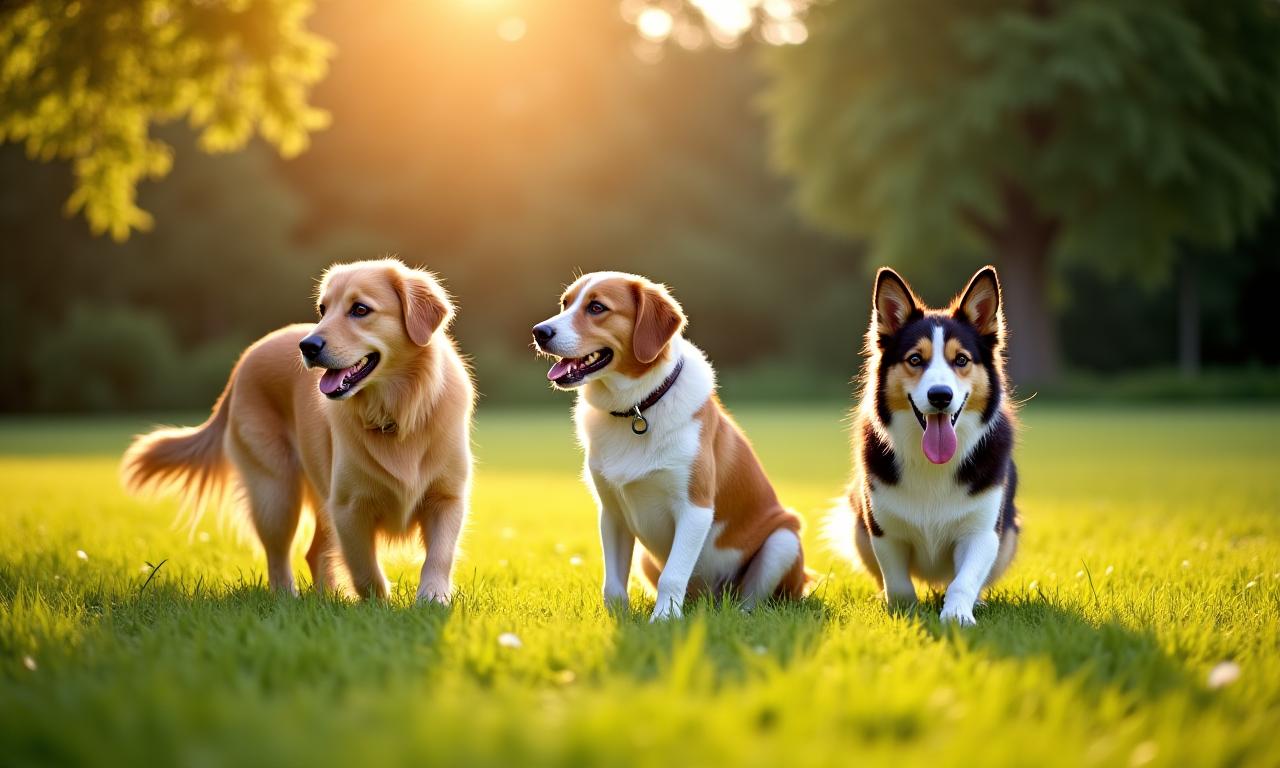 Three dogs training happily in a park under the guidance of a trainer, embodying different stages of training.